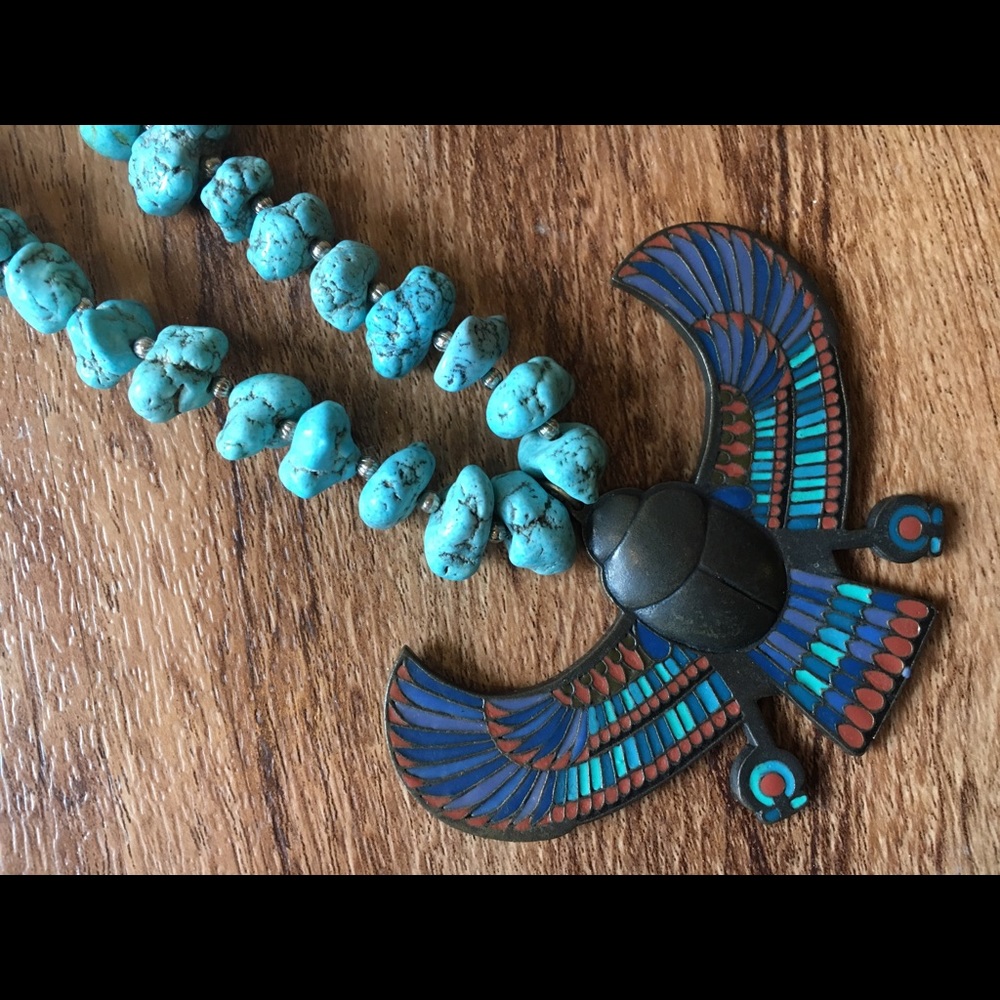 Vintage Egyptian Faux Turquoise & Metal Necklace